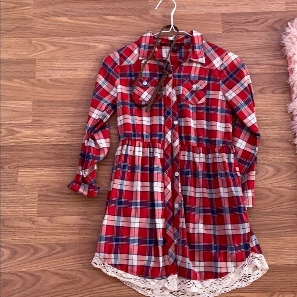 flannel dress with brown braided belt